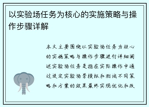 以实验场任务为核心的实施策略与操作步骤详解 以实验场任务为核心的实施策略与操作步骤详解